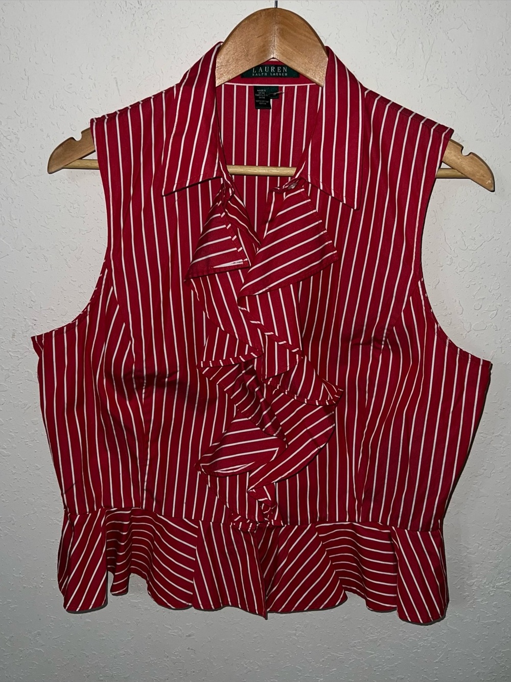 Lauren Ralph Lauren red and white vertical striped sleeveless ruffled blouse 16
